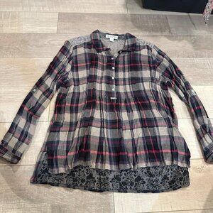 VINTAGE AMERICA WOMENS XL RED BLACK PLAID TUNIC SHIRT
